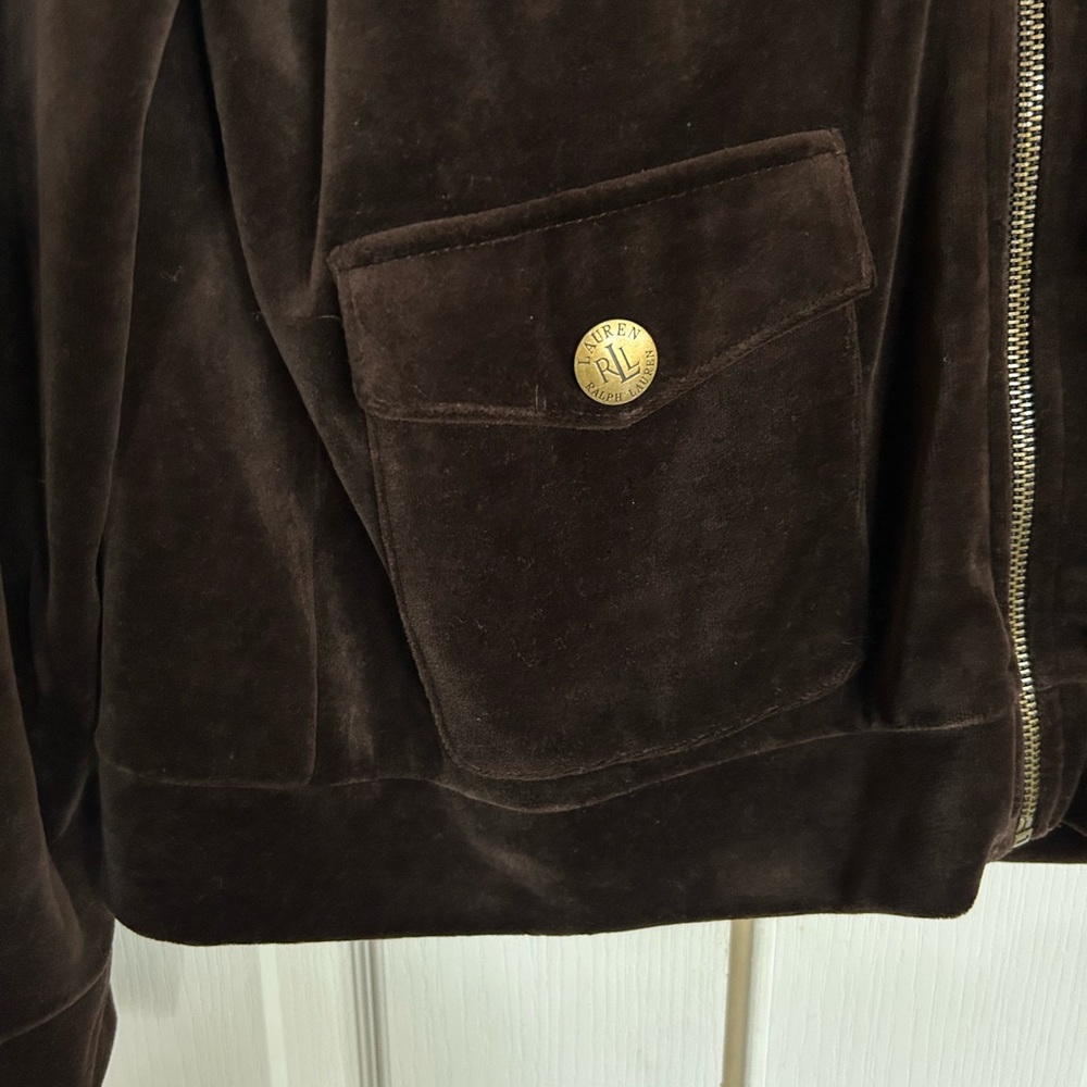 Lauren Ralph Lauren chocolate brown velour track suit jacket size Large petite - Picture 2 of 7
